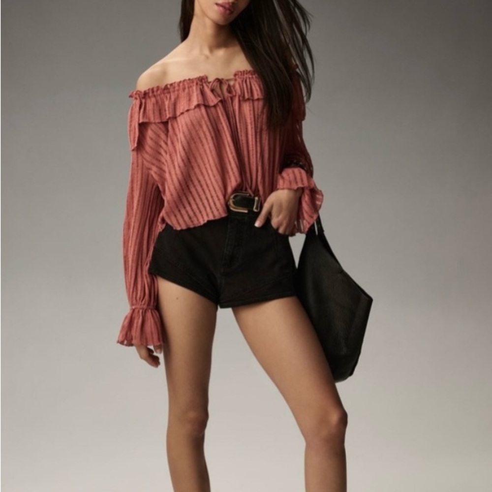 By‎ Anthropologie Long-Sleeve Sheer Striped Crop Blouse Rose Pink Off Shoulder